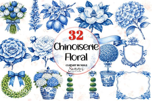 Chinoiserie Floral Clipart Bundle: Blue & White Elegance for Modern Projects