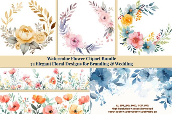 Elevate Your Brand with 33 Watercolor Floral Clipart