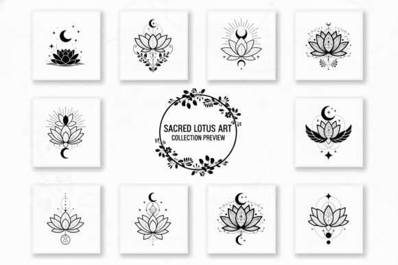 Lotus Flower with Sun and Stars: A Celestial Design Asset