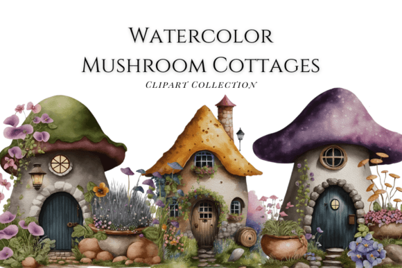 Watercolor Mushroom Cottages Clipart for Whimsical Design